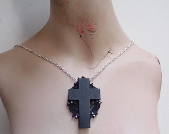 Mourning Jewelry - Black Mourning Cross Brooch Or Necklace by Ugly Shyla - Victorian Style Gothic Victorian - southern gothic - rhinestones