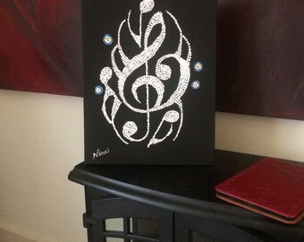Dot Pointillism, Acrylic, Music, Notes, 11x14 black canvas, dot art, pointillism art, original dot pointillism art