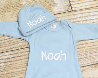 Baby boy monogrammed gown, baby boy take home outfit, monogrammed outfit for boys, newborn hat - Baby boy gift set layette, baby shower gift