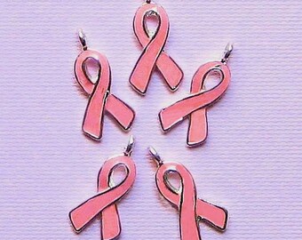 6 Pink Enamel Silver 20x8mm Breast Cancer Awareness Ribbon Charm//Pendant