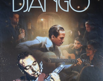 Django Reinhardt. Stencil spray paint on a movie poster, 40 x 50 box.