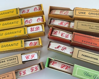 Vintage French Laundry Labels , Red Script Initial Ribbon in Original Boxes