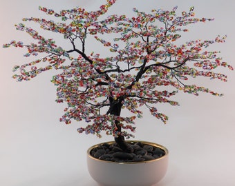 Rainbow Beaded Bonsai Wire Tree Sculpture