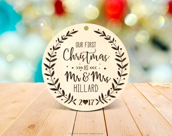 Rustic First Christmas as Mr & Mrs Ornament Our First Christmas Married Ornament New year Christmas Ornament Wedding Ornament Wood 2b