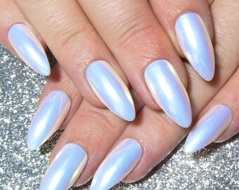 Unicorn Fake Nails - Press On Nails Pastel - Almond False Nails - Gel Faux Nails - Rainbow Nails - Glue On Nails - Holographic White Nails