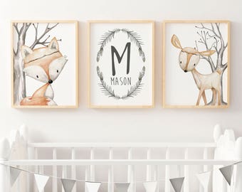 Woodland Nursery Prints | Forest Animal Wall Art | Woodland Nursery Decor | Boys Personalised Name Print | Fox & Deer Nursery Print | Boho