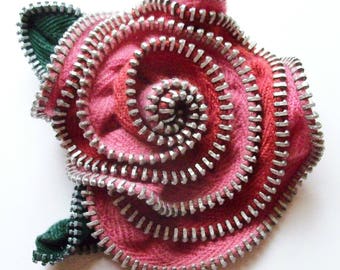Pink and Red Floral Rose Brooch / Zipper Pin by ZipPinning 2014