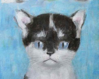 ORIGINAL Cat with Clouds Painting by KAZUMI 8 x 10 inch Canvas