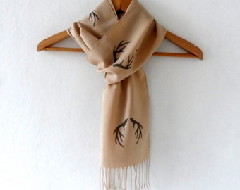 Antler Scarf , Hand stamped Light Beige Cotton Tassel scarf, wedding scarf