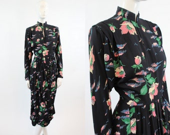 40s Dress Rose Print XS / 1940s Vintage Dress Rayon / Roses and Clematis Dress