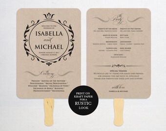 Wedding Program Fan Template, Calligraphy Script Printable Program, Instant Download, DIY Ceremony Program Fan, Kraft Paper, WPC_1151