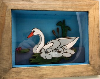 Wooden Shadow Box of a Swan and her chicks