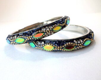 Blue Bangle Bracelet Small Wrist Bangles Bead Orange Green Dark Blue Navy Rhinestone Bollywood Style Vintage Bangle Bracelet Jewelry