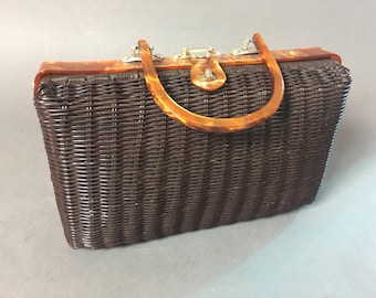 Vintage purse / vintage 60s purse / wicker purse / chocolate brown purse / lucite purse / vintage handbag / vintage bag /