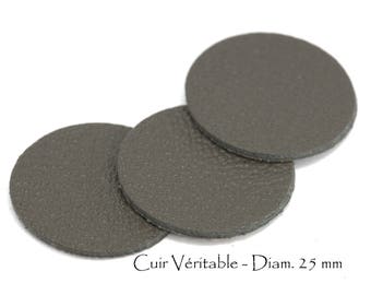 6 round genuine leather - Diam. 25 mm - goat leather - charcoal grey color set