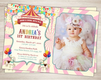 Carousel Birthday Invitation Pink Carousel Invitation Printable First Carnival Invite Pink White stripes Carousel 1st Birthday Party Invite