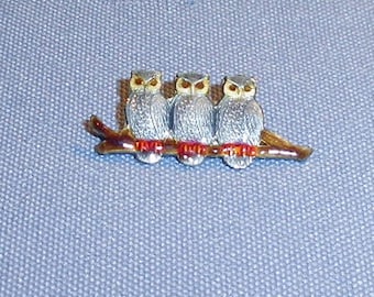 Vintage Sterling Silver Enamel Three Owls On Branch Brooch
