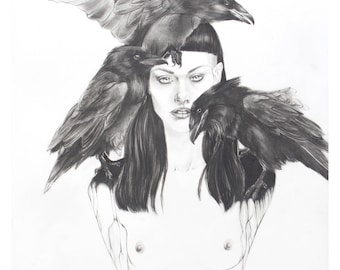Woman and Raven Familiar Fine Art Print