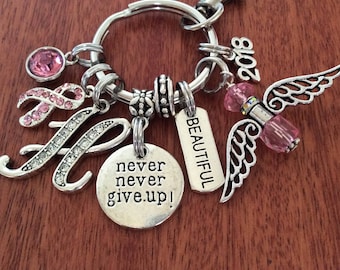 BREAST-Cancer-Gifts, Breast Cancer Keychain Bracelet, Cancer Awareness Gifts, Awareness Keychain, Cancer Survivor Gifts, Never Give Up Gift