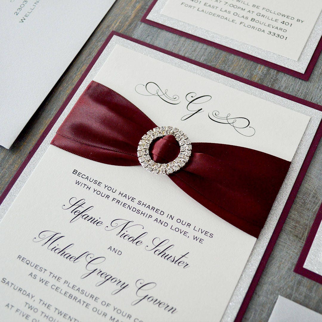 STEFANIE Burgundy and Silver Glitter Wedding Invitation