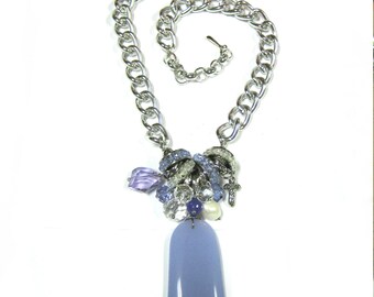 Stone Pendant and Crystal Cluster Necklace