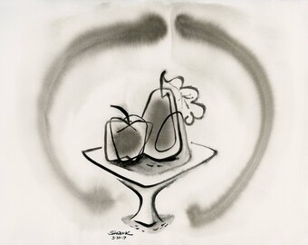 Apple & Pear, ink drawing on paper