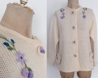 1960's Lavender Floral Embroidered Cardigan Sweater Knit Size Large XL byMaeberry Vintage