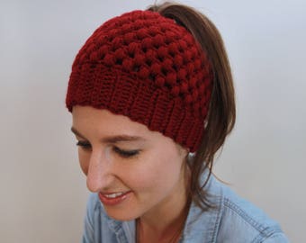 Messy Bun Beanie, Top Knot Hat, Ponytail Hat, Crochet winter hat, Gift for her, Red Women's Hat,