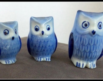 Vintage Set of Blue and White Owls