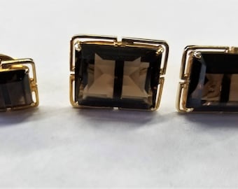 Vintage Smoky Quartz Cuff Links with Matching Tie Tack Set
