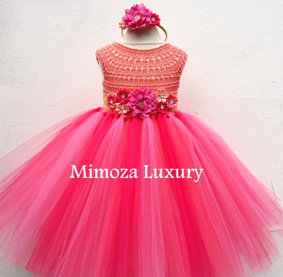 Hawaii Flowergirl dress, tutu dress, Tropical bridesmaid dress, princess dress, silk crochet top tulle dress, hand knit silk top tutu dress