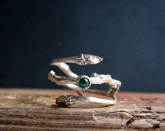 Emerald Ring Silver Twig Cabochon Witch Ring Sterling Silver Botanical Ring May Birthstone Gifts for Taurus