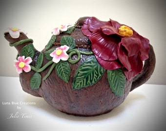 Polymer Clay Teapot Decorative Teapot, Flower Teapot, OOAK Teapot, Handmade Gift, Home Decor