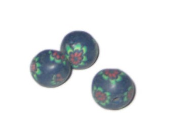 14mm Dark Blue Floral Polymer Clay Bead, 10 beads