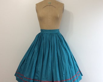1950s Teal Full Skirt 50s Cotton Red Ribbon