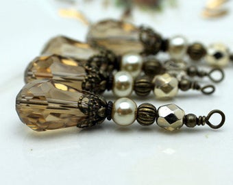 Vintage Style Golden Topaz Crystal Teardrop with Pearl and Czech Bead Dangle Set - Earring Dangle, Pendant, Wedding, Bride, Bridemaids