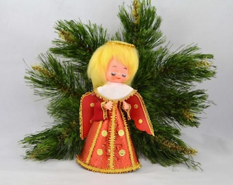 Vintage Mid Century Angel Christmas Tree Topper, Red And Gold Cardboard And Plastic Angel Topper Made In Japan