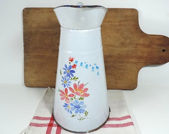 French Vintage Enamel Pitcher/ French Vintage Enamel Jug/ Vintage Enamelware/Vintage Enamel Jug/Enamel Pitcher/Shabby Chic Enamelware