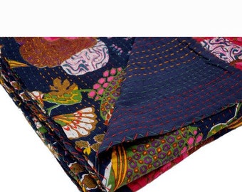 Handmade INDIAN Hand-Stitched Patchwork Vintage Kantha Quilt Hand-Stitched Queen Kantha Throw Floral Recycled Old Sari Cotton Blanket