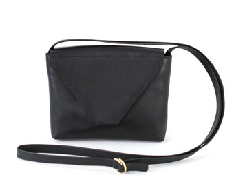Minimalistic Crossbody Bag Black Leather, small satchel bag, yellow handbag