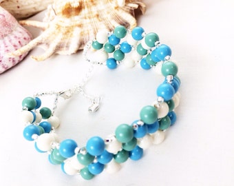 Swarovski Pearl Blue Green White Cuff Bracelet