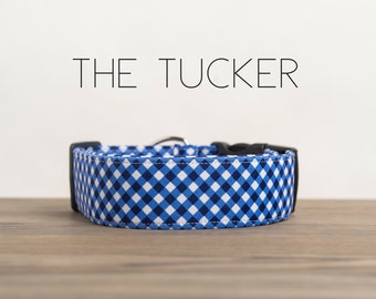 Preppy Dark Blue Plaid Dog Collar "The Tucker"