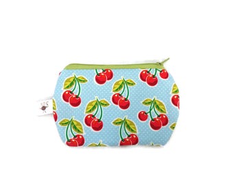 Mini Zipper Pouch Cherries on Light Blue Background Stitch Marker / Coin Purse / Small Sewing Case Zipper Storage Pouch S349