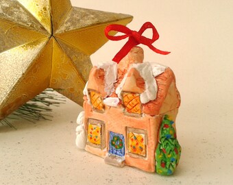 Polymer Clay Christmas Tree Decoration, Miniature Cottage in Snow Christmas Ornament, Winter Decor, OOAK Handmade Tree Decoration, Xmas Gift