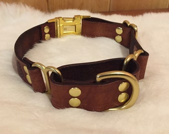 Personalized Brown Leather Martingale Dog Collar With Quick-Release Buckle