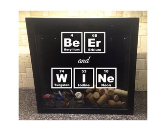 His & Hers, Beer Cap and Wine Cork Holder - Beer and Wine Periodic Table Elements - Shadow Box (12" x 12")