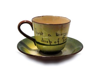 Red Clay Mottoware Tea Cup Saucer Pottery England Just a Teeny Drop of Tea