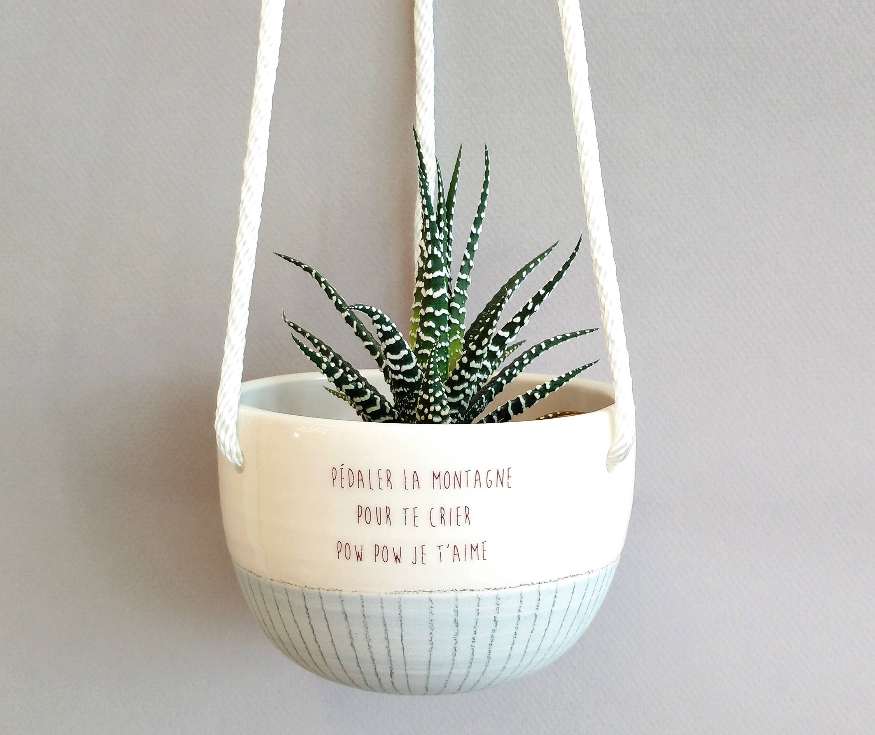 Plant hanger with sayings. Small ceramic hanging planter. Blue