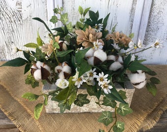 Cotton Boll Wood Box Floal Arrangement, Spring Floral, Wedding Centerpiece, Wedding Decor, Everyday Arrangement, Mothers Day,