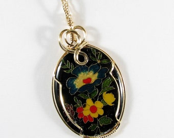 Floral Cloisonne 14k gold filled wire wrapped pendant